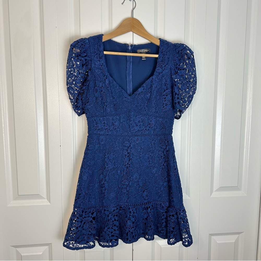 AQUA Crochet V-Neck Puff Sleeve Mini Dress Size Small